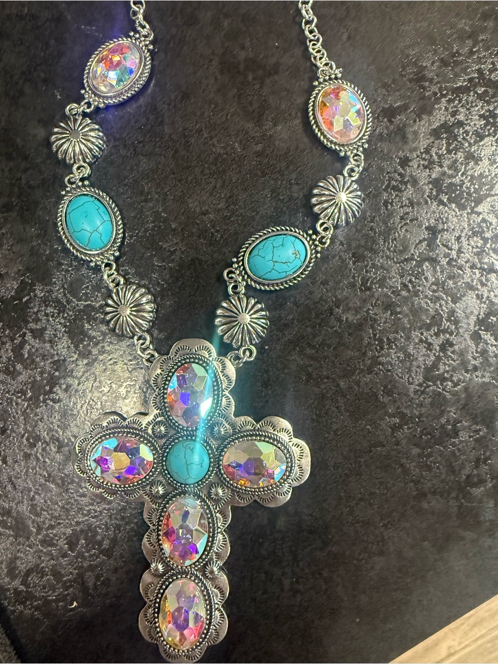 Silver Turquoise & Aurora Crystal Cross Necklace - Women Jewelry
